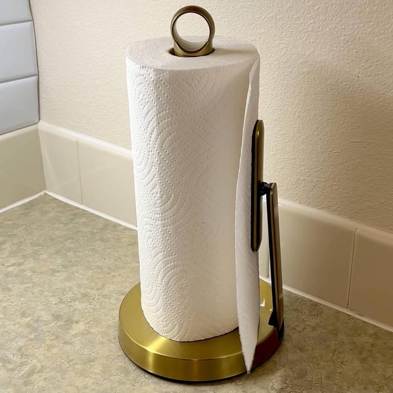 theaoo Heavy-Duty Stainless Steel Paper Towel Holder with Tension Arm – Easy One-Handed Tear, Modern Standing Countertop Dispenser for Kitchen, Holds All Paper Towel Rolls (1, Gold) - Image 2